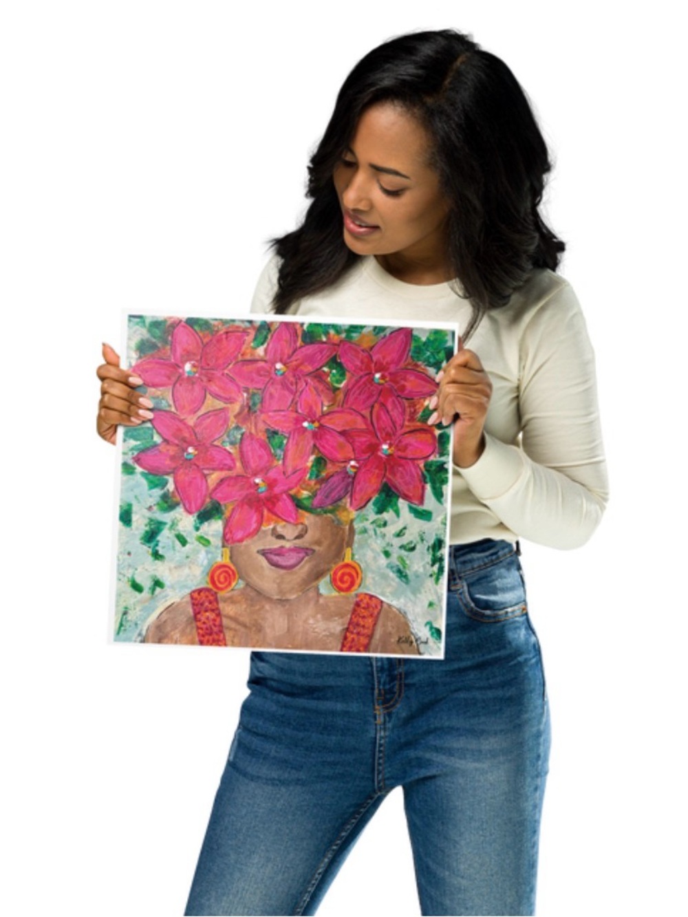 FRAMED POSTER PRINT : Flora- A Vibrant Floral Haired Lady Painting 16x16